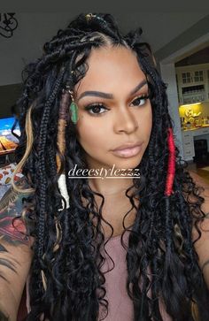 Long Bohemian Locs, Jamaican Braids Hairstyles, Faux Locs And Braids Mixed, Box Braids And Faux Locs Mixed, Locs And Braids Together, Jamaica Hairstyles For Black Women, Braids For The Beach, Medusa Locs, Messy Faux Locs