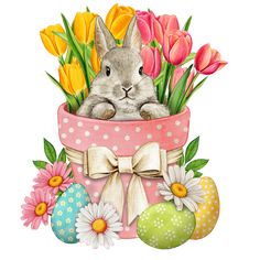 a bunny in a pink hat with flowers and eggs