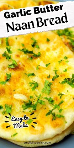 garlic butter naan bread on a blue plate