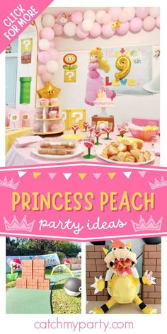 princess peach party ideas with balloons and decorations on the table, including pink paper lanterns