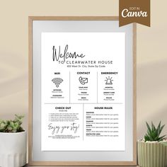 the welcome poster is displayed in front of a potted plant and a wooden frame