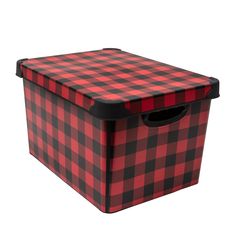 a red and black plaid pattern storage box with handles on the lid, isolated against a white background