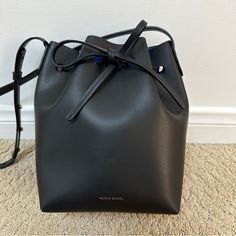 Brand New With Tags Attached Mansur Gavriel Calf Leather Crossbody Mini Bucket Bag In Black/Blue, Comes With Original Dust Bag. Black Shoulder Bag For Formal Occasions, Designer Black Bucket Bag For Everyday, Designer Black Bucket Bag With Detachable Strap, Formal Black Bucket Bag With Adjustable Strap, Formal Black Bucket Bag Pouch-shaped, Black Formal Bucket Bag, Formal Black Bucket Bag, Chic Black Formal Bucket Bag, Mansur Gavriel Bucket Bag