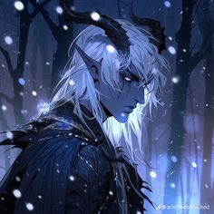 an anime character with white hair and horns standing in the snow, surrounded by trees