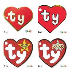 three heart shaped magnets with the words ty on them