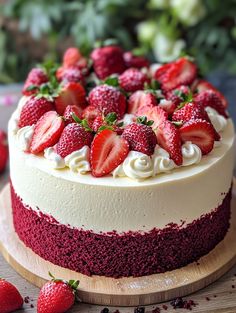 a cake with white frosting and strawberries on top sitting on a cutting board