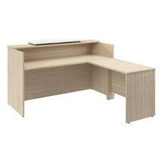 an l shaped desk with a laptop on the top and one drawer at the end