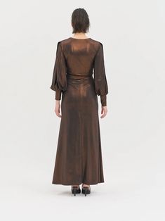 Bronze Maxi Dress Slitted Dress Silky Dress Brown Wrap - Etsy Slitted Dress, Gold Wedding Guest Dresses, Brown Prom Dress, Women Confidence, Brown Wrap Dress, Brown Bridesmaid Dresses, Bishop Sleeve Dress, Bronze Dress, Bronze Colour