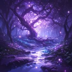 a stream running through a forest filled with lots of purple trees and stars in the sky