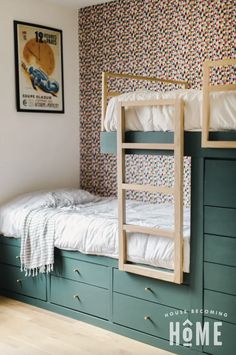 two bunk beds in a room with colorful wallpaper on the walls and below them