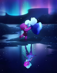 an animated image of two people hugging in the water with aurora lights behind them,