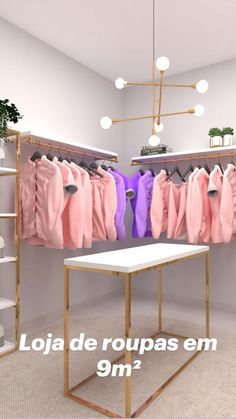 an image of a clothing store with clothes hanging on racks and tables in front of it