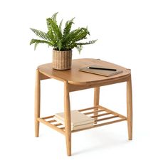 a small wooden table with a plant on top and a book sitting on it's side