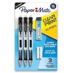 two pens with black ink and clear point on the top, in packaging for paper mate