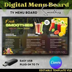 digital menu board with smoothies and juices on the front, side by side