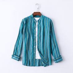 Men's Blue Linen Striped Stand Collar Shirt Size Chat： Collar Shirt Men, Stand Collar Shirt, Collar Shirts, Stand Collar, Blue Man, Printed Shirts, Button Down Shirt