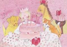 an image of children's birthday cake with animals around it and presents on the table