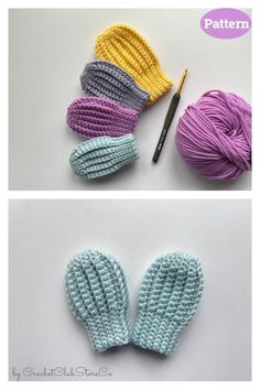 crocheted mittens and yarn with the words pattern on them