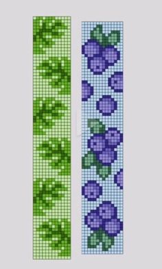 two cross stitch bookmarks with purple and green flowers on the front, one is made from