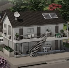 an image of a house with solar panels on the roof and stairs leading up to it