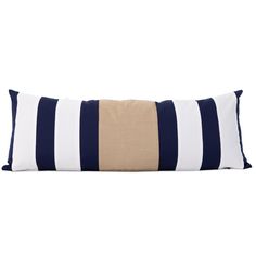 a blue and white striped pillow on a white background