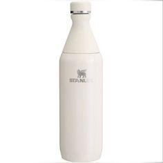 a white ceramic bottle with the word stani on it's front and side