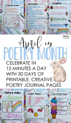 a poster with the words poetry month written on it and an image of a bunny