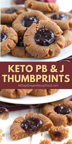 keto pb and j thumbprints on a white plate with text overlay