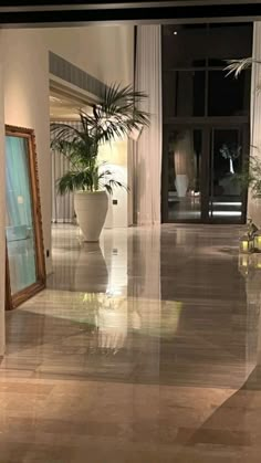 an empty hallway with potted plants in the middle and a mirror on the floor