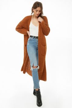 Rust Duster Cardigan Outfit, Long Cardigan Outfit, 60 Outfits, Forever 21 Outfits, Outfit Cardigan, Cardigan Outfit, Cardigan Outfits, Causual Outfits, Cardigan Long