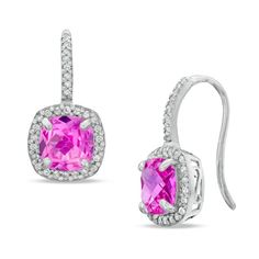 She's certain to fall in love with these captivating gemstone drop earrings. Fashioned in sleek sterling silver, each earring is centered with a lovely 7.0mm cushion-cut lab-created lusciuos pink sapphire, glittering in a classic four prong setting. A halo frame of shimmering lab-created white sapphires wraps these precious gemstones in a sparkling embrace, and line the front of the linear drop, adding even more brilliance. An elegant look she's certain to adore, these post-style earrings suspen Gemstone Drop Earrings, French Wire, Sapphire Stone, Pink Stone, White Sapphire, Precious Gemstones, Earring Backs, Cushion Cut, 10k Gold