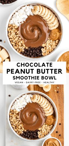 two bowls filled with chocolate peanut butter smoothie bowl