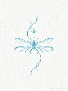 a drawing of a blue dragonfly sitting on top of a white paper with the word,