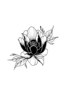 a black and white drawing of a flower with leaves on it's petals,