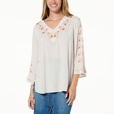 Colleen Lopez Embroidered Woven Tunic  Pretty floral embroidery details this lightweight tunic, an elegantly easygoing look that elevates casual outfits. Draped Fabric, Embroidery Details, Floral Embroidery, Fashion Clothes Women, Casual Outfits, Womens Tops, Size Medium, Embroidery, Clothes For Women