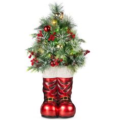 Santa Boots w/ Pre-Decorated Christmas Greenery Santa Boots Decoration, Pre Decorated Christmas Tree, Pine Christmas Tree, Santa Boots, Traditional Christmas Decorations, Battery Operated Lights, Christmas Greenery, Christmas Icons, Tree Stand