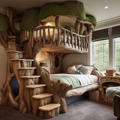 a bedroom with a tree house bed and stairs