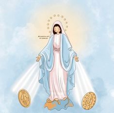 an image of the virgin mary with two gold coins in front of her and blue sky background