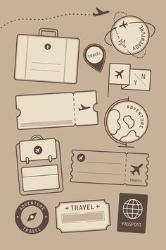 a bunch of different travel related items on a brown and white background, including luggage tags