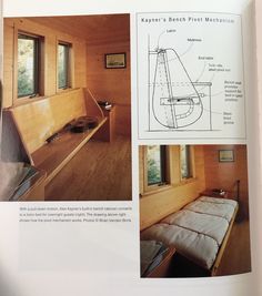 an open book with drawings and diagrams on the inside of it, including a bed that has been made into a bench