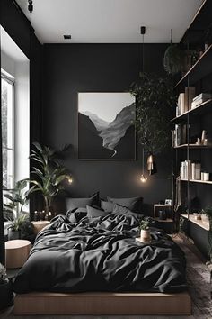 a bedroom with black walls and lots of plants