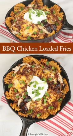 two skillets filled with chicken loaded fries