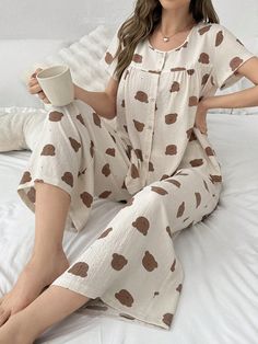 Polka Dot Bear Printed Loose Fit Women's Short Sleeve Pajama Set, Summer Apricot Cute  Short Sleeve Woven Fabric Animal,Geometric,Textured Pattern Pant Sets Non-Stretch All Women Sleep & Lounge, size features are:Bust: ,Length: ,Sleeve Length: Pajama Set Summer, Animal Geometric, Cute Pajama Sets, Cute Pajamas, Pant Sets, Fabric Animals, Other Outfits, Bear Print, Cute Shorts