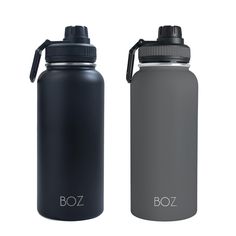 two black and gray water bottles next to each other on a white background with the word boz printed on it