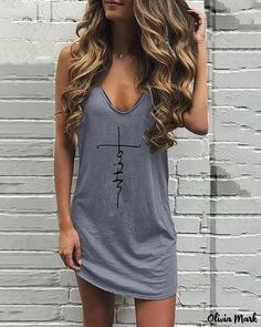 OliviaMark - Vestido sin mangas en forma de A con estampado de letras de arco iris para mujer Knitting Dress, Bodycon Casual, Mini Cami Dress, Loose Dress, Print Tank, Gray Dress