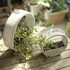 two buckets filled with plants sitting on top of a wooden table