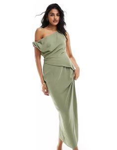 ASOS DESIGN fallen shoulder linen look midi dress with pleat waist in sage | ASOS Green Off-shoulder Ruched Midi Dress, Chic Green Maxi Dress With Draped Sleeves, Spring One-shoulder Pre-draped Midi Dress, Chic Green Midi Dress With Draped Sleeves, Chic Green Draped Midi Dress, Chic Sage Midi Dress For Spring, Chic Sleeveless Dress In Sage Color, Green Draped Midi Dress For Spring, Green Ruched Midi Dress With Asymmetrical Neckline