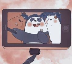 a cartoon panda taking a picture on a cell phone with two other bears in the background