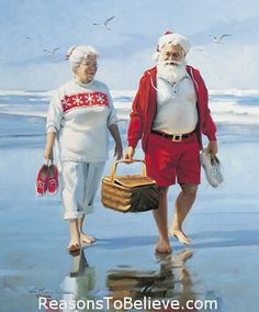 an image of two people walking on the beach with santa clause in red and white