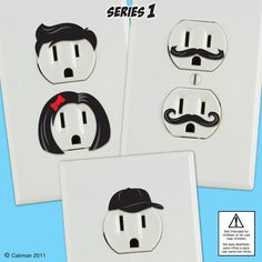 three different types of electrical outlets with mustaches and haircuts on the covers